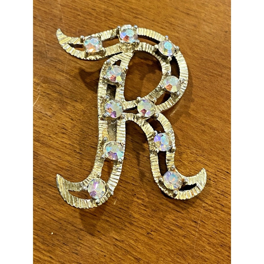 1960's Letter "R" Aurora Borealis 2 Inch Brooch C-Clasp Beautiful